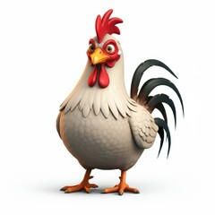 Cartoon rooster, stylized farm animal, plump body, colorful feathers, red comb and wattles, expressive eyes, white neck feathers, brown and black plumage, orange feet, 3D rendering, digital art, vibra