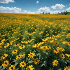 Obraz premium Field of Bright Yellow Rudbeckia Flowers on a Blue Sky Day, bright yellow flowers, field of flowers, sunflower field