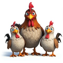 Fototapeta premium Cartoon rooster, stylized farm animal, plump body, colorful feathers, red comb and wattles, expressive eyes, white neck feathers, brown and black plumage, orange feet, 3D rendering, digital art, vibra