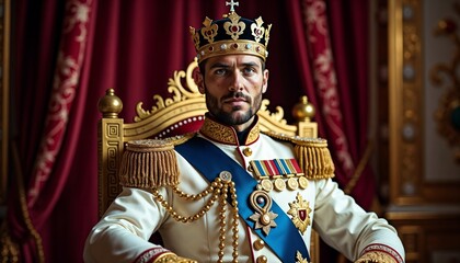 Obraz premium Regal man wearing a crown and royal attire seated on a throne in an opulent setting 