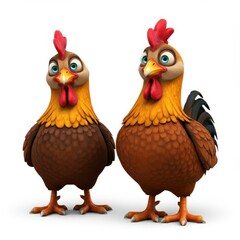 Fototapeta premium Cartoon rooster, stylized farm animal, plump body, colorful feathers, red comb and wattles, expressive eyes, white neck feathers, brown and black plumage, orange feet, 3D rendering, digital art, vibra