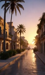 Fototapeta premium Distant sunrise over the old town of Denia, with palm trees and Mediterranean architecture , rooftops, ancient