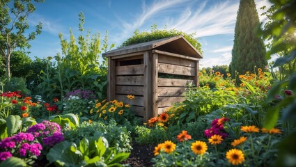 Fototapeta premium Wooden compost bin surrounded by vibrant flowers and lush greenery in a sunny garden 