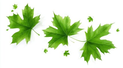 Vibrant Green Maple Leaves Floating on White Background