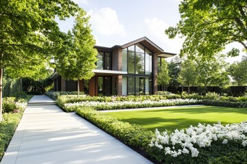 Fototapeta premium Modern Luxury Home with Expansive Landscaped Garden and Walkway