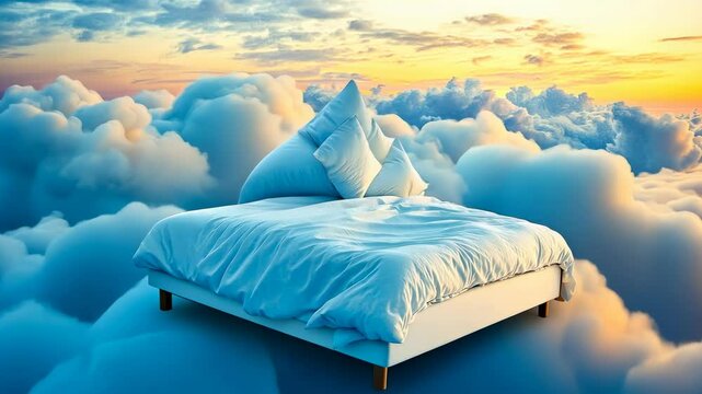 pristine white bed floats surreal cloudscape sunset.,adorned soft blue sheets,contrasts golden hues sky.whimsical scene melds concepts rest and boundless travel,evoking dream-sense freedom.ethereal