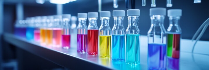 Colorful Liquid Samples in Laboratory - Vibrant colored liquids in glass vials on a lab shelf, showcasing scientific research or experimentation.