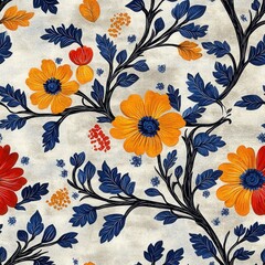 Vibrant Floral Textile Design: Seamless Orange and Blue Pattern.