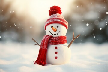 Charming snowman with red knitted accessories enjoying a beautiful snowy day, perfect for winter holiday themes