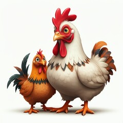 Fototapeta premium Cartoon rooster, stylized farm animal, plump body, colorful feathers, red comb and wattles, expressive eyes, white neck feathers, brown and black plumage, orange feet, 3D rendering, digital art, vibra