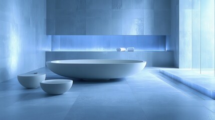 Modern minimalist bathroom with freestanding oval bathtub and sleek blue tile