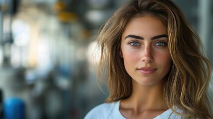 Fototapeta premium Confident Woman with Long Hair and Bright Eyes in Soft Focus Background