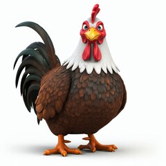 Fototapeta premium Cartoon rooster, stylized farm animal, plump body, colorful feathers, red comb and wattles, expressive eyes, white neck feathers, brown and black plumage, orange feet, 3D rendering, digital art, vibra