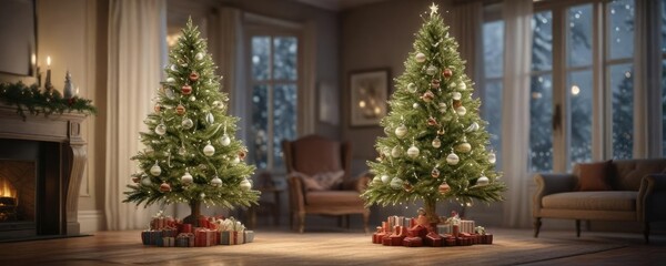 Fototapeta premium Elegant Christmas tree with frosted glass ornaments, frosty atmosphere, sparkling decorations, winter wonderland scene