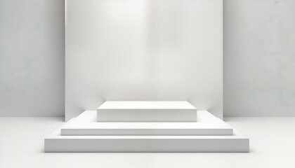 Fototapeta premium Clean white display stand. Modern, minimalist style. Empty platform with neutral background. Versatile, functional. Ideal for products in professional studio setting. Perfect for e-commerce displays,
