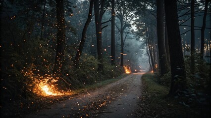 Fototapeta premium Ember sparks a warm glow on a dark forest path, foliage, trees, atmosphere, foreboding