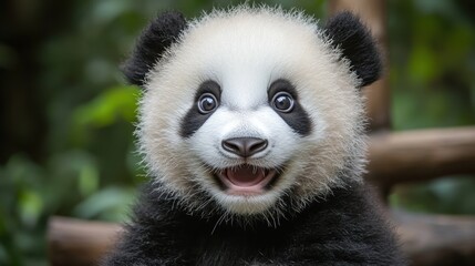 Fototapeta premium National Panda Day Adorable young panda in lush greenery with playful expression