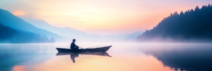 Serenity on the Lake at Dawn - A lone figure in a small boat peacefully fishes on a calm lake at sunrise, surrounded by misty mountains.
