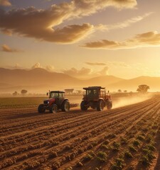 Fototapeta premium Farmer harvesting coffee beans from large fields with a tractor near a golden sunset , field, tractor