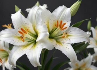 Obraz premium Exquisite white lily with orange polka dots in full bloom, garden plants, colorful nature, tropical flora, bright accents