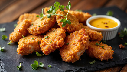Fototapeta premium Delicious chicken nuggets with spicy honey mustard on slate plate, gourmet fast food