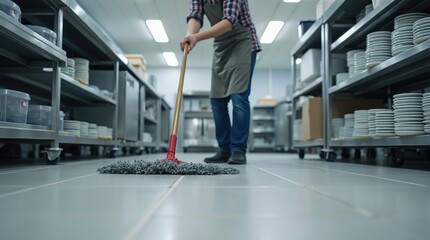 Obraz premium Worker Cleaning Kitchen Floor with Mop in a Professional Setting