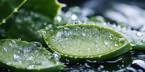 Fototapeta premium Close-up of fresh aloe vera leaves with water drops and gel