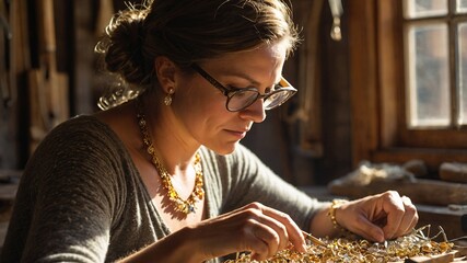 Jeweler meticulously crafting intricate designs while seated in a cozy workshop filled with natural light and artisanal tools