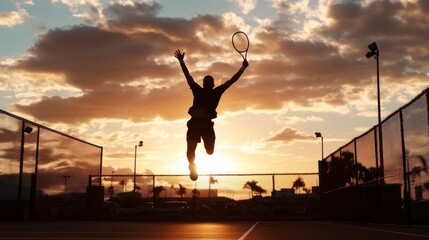 A tennis player captures a victorious leap against a breathtaking sunset, framed by an open court and dramatic clouds, embodying freedom and joy.