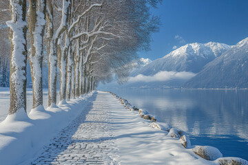 Snowy Lakeside Path, Copy Space, Winter Scene
