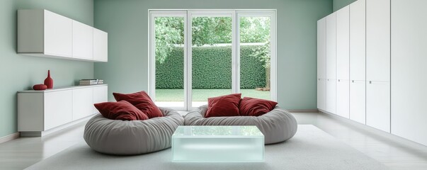 A minimalist living room with walls in pastel mint