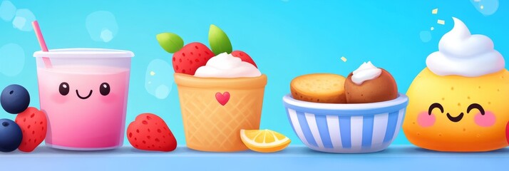 Cute Cartoon Food Desserts and Drinks - Adorable cartoon illustration of various sweet treats including a smoothie, strawberry dessert, cookies and a happy yellow dessert. Perfect for food blogs, chil