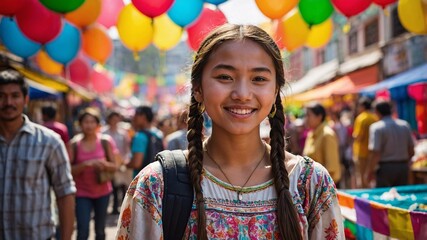 Obraz premium Joyful spring festival celebration showcasing diverse cultures with colorful decorations, lively crowds, and a radiant young girl in traditional attire