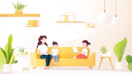 Family Relaxing on Yellow Sofa - A mother and her two children enjoy quality time together on a comfy yellow couch in their bright living room.  Symbols of family bonding, home comfort, parental love,