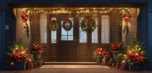 Front door with a large Christmas wreath on the porch, decorating, facade, holiday