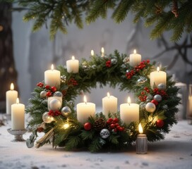 frosty glass ornaments on an evergreen wreath with candles, frosty, festive
