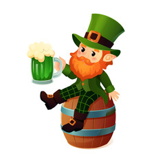 A cheerful vector illustration of a leprechaun sitting on a wooden barrel, holding a frothy mug of green beer. The leprechaun features bright red hair and a beard, wearing a traditional green suit