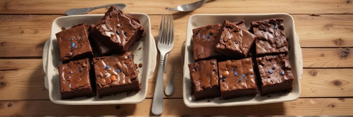 Fudgy brownies in a shallow dish on a wooden dining table, dessert, treats, sweet