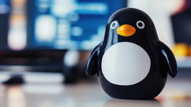 Free Open Source Software Month Cute penguin toy on desk in office environment for fun and relaxation