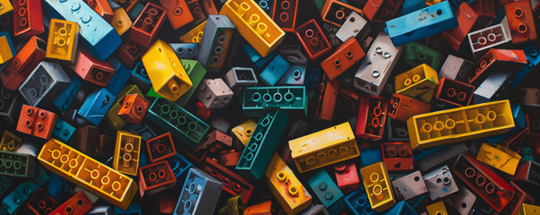Vibrant collection of toy building bricks in various colors and sizes, creating a playful pattern