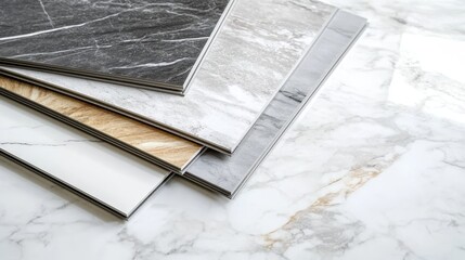 marble texture, stone tiles, luxury flooring samples, interior design materials, grey and beige tones, natural stone patterns, modern home decor, high-end finishes, elegant surfaces, showroom display,