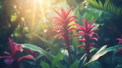 tropical bromeliad leaves with bright flowers in garden