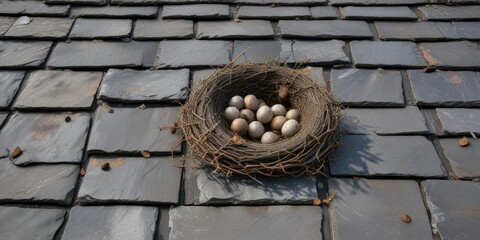 Obraz premium Closeup of slate roof tiles with bird nests and twigs, outdoor surface, bird nest, forest floor