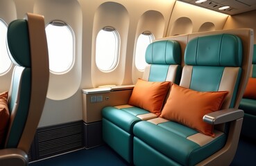 Obraz premium Empty first-class airplane cabin interior. Comfortable seats with large windows. Modern design. Orange, teal colored seats. No passengers visible. Travel concept. Premium airline. Luxurious travel