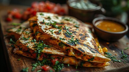 Beautiful serving of delicious quesadillas stuffed with cheese and vegetables topped with butter and parsley served with sauce placed on wooden table