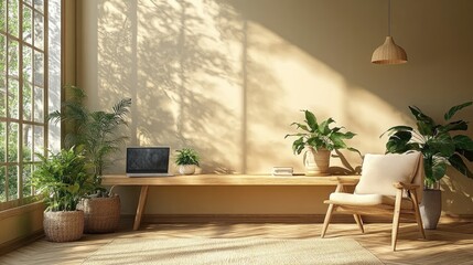 Sunlit Minimalist Home Office: Scandinavian Design with Indoor Plants and Natural Wooden Elements