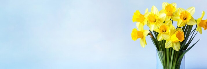 Daffodils in Glass Vase - Bright yellow daffodils in a clear glass vase against a light blue background. Spring flowers.