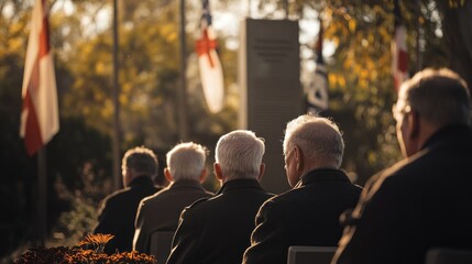 A group of veterans seated attending a tribute ceremony with flags waving in the background during golden hour
