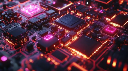Obraz premium Futuristic Neon Circuit Board with Glowing Microchips in Vibrant Colors