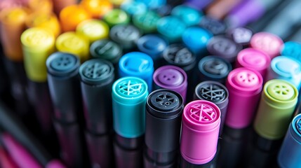 A collection of fine-tipped illustration markers in various colors arranged neatly.